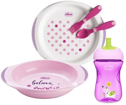 CHICCO SET PAPPA 5PCS (2ASSIET+BIB+CUILLER+FOURCHET)-ROSE-