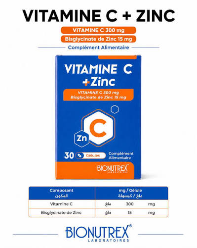 BIONUTREX VITAMINE C+ ZINC 300MG/15MG . 30 GELULES C/50
